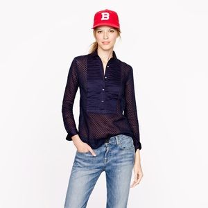 J crew navy Swiss dot sheer tuxedo button shirt